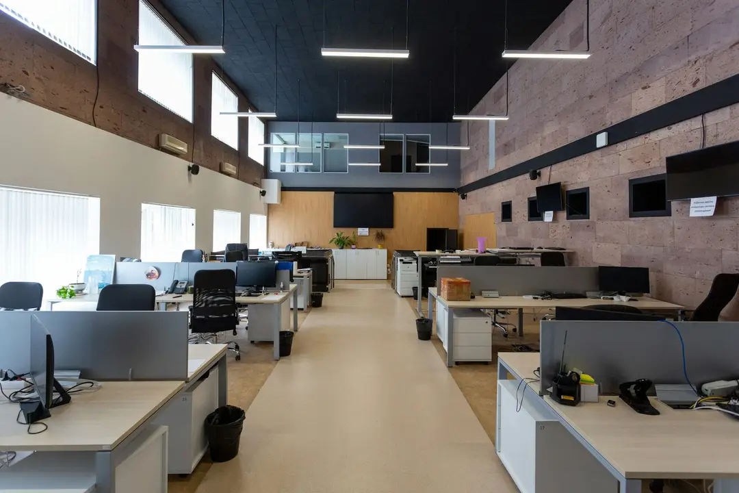 Open-plan office interior with freshly painted walls
